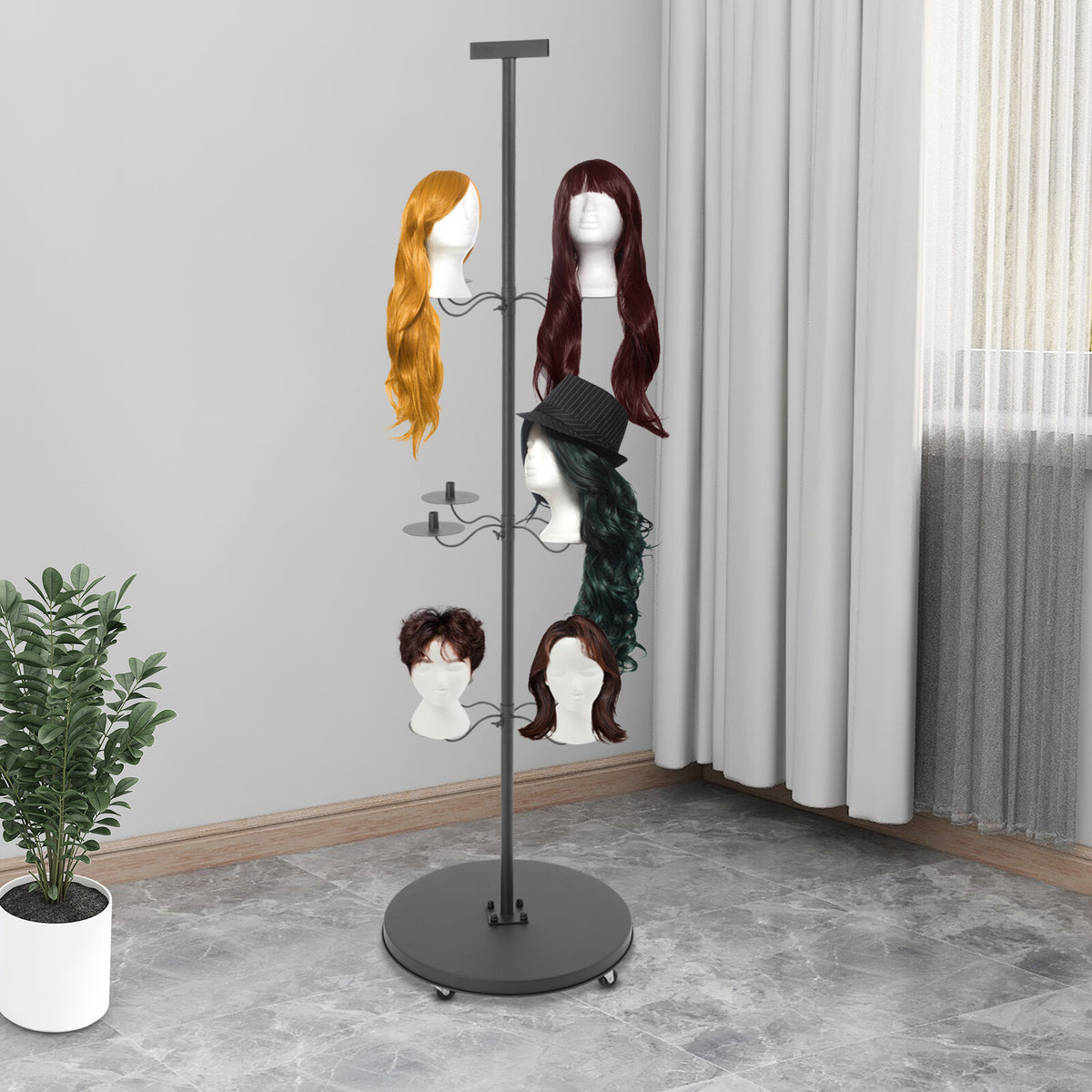 Pink Wig Display & Storage Rack for 12 Wigs with Wheels and Adjustable Tiers