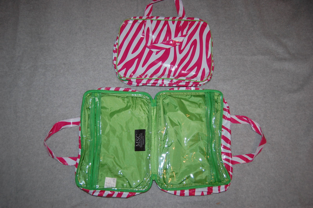 Travel Makeup Bag Two-Sided Pink White Zebra Stripes Lime Green