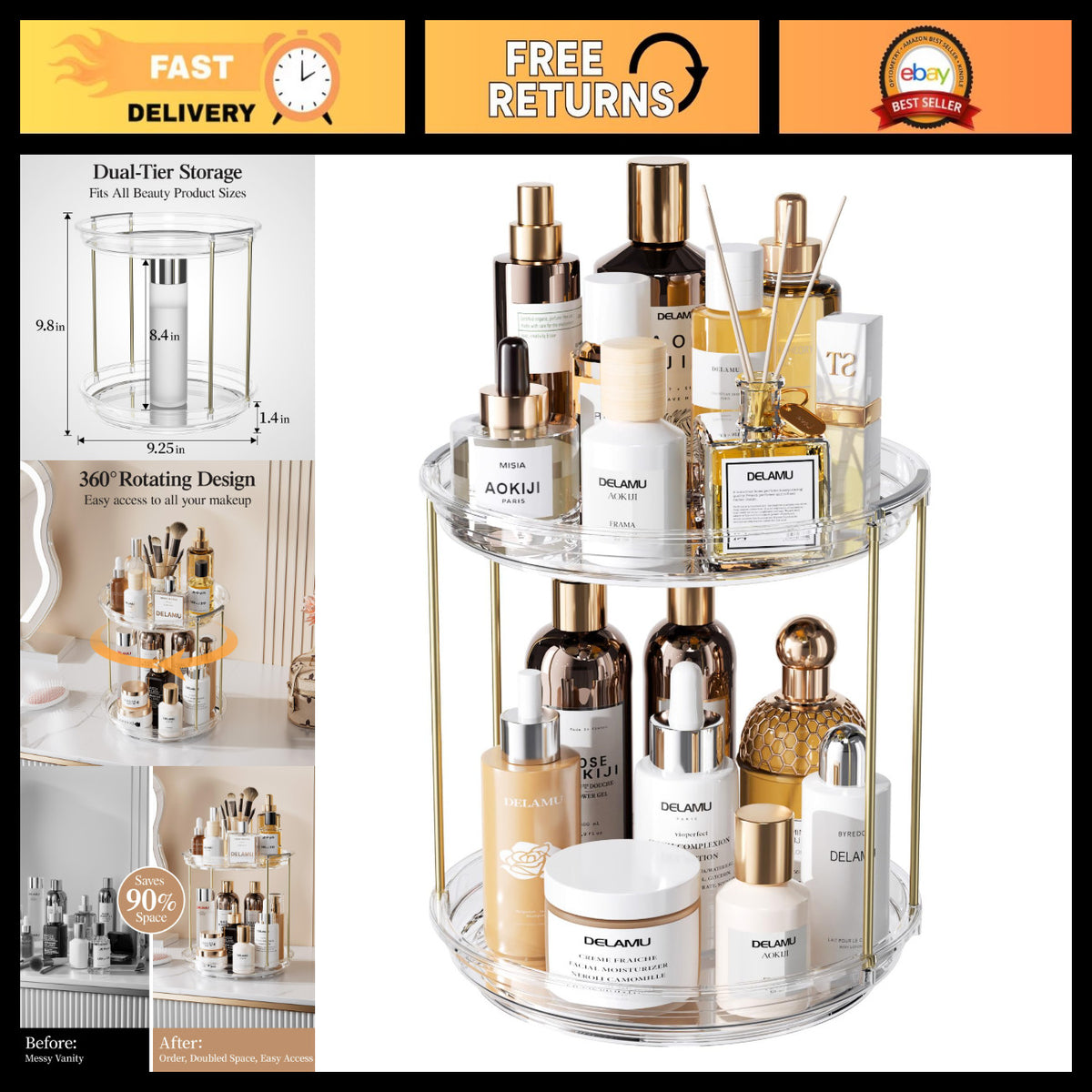 2-Tier Rotating Makeup Organizer with Spinning Storage for Skincare & Perfume