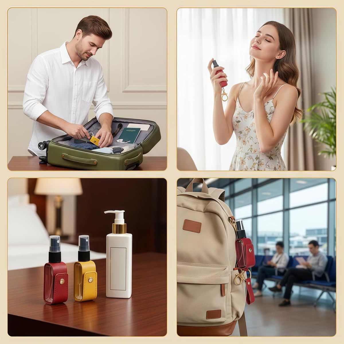 Travel Spray Bottle Set with Leather Keychain Holder, 30ml Refillable Leak-Proof