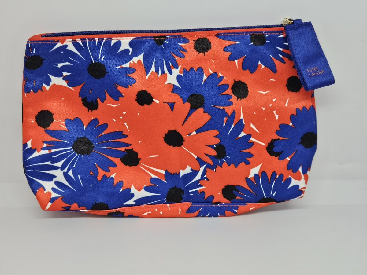 Estée Lauder Floral Cosmetic Makeup Pouch Bag with Zipper - Red & Blue Design