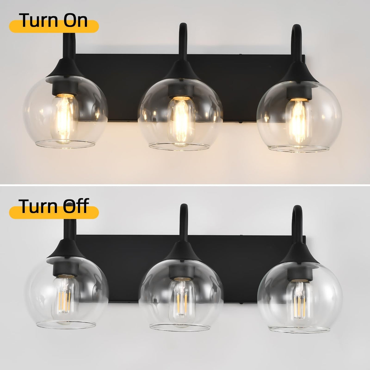 3-Light Matte Black Bathroom Vanity Light with Glass Globe Shades