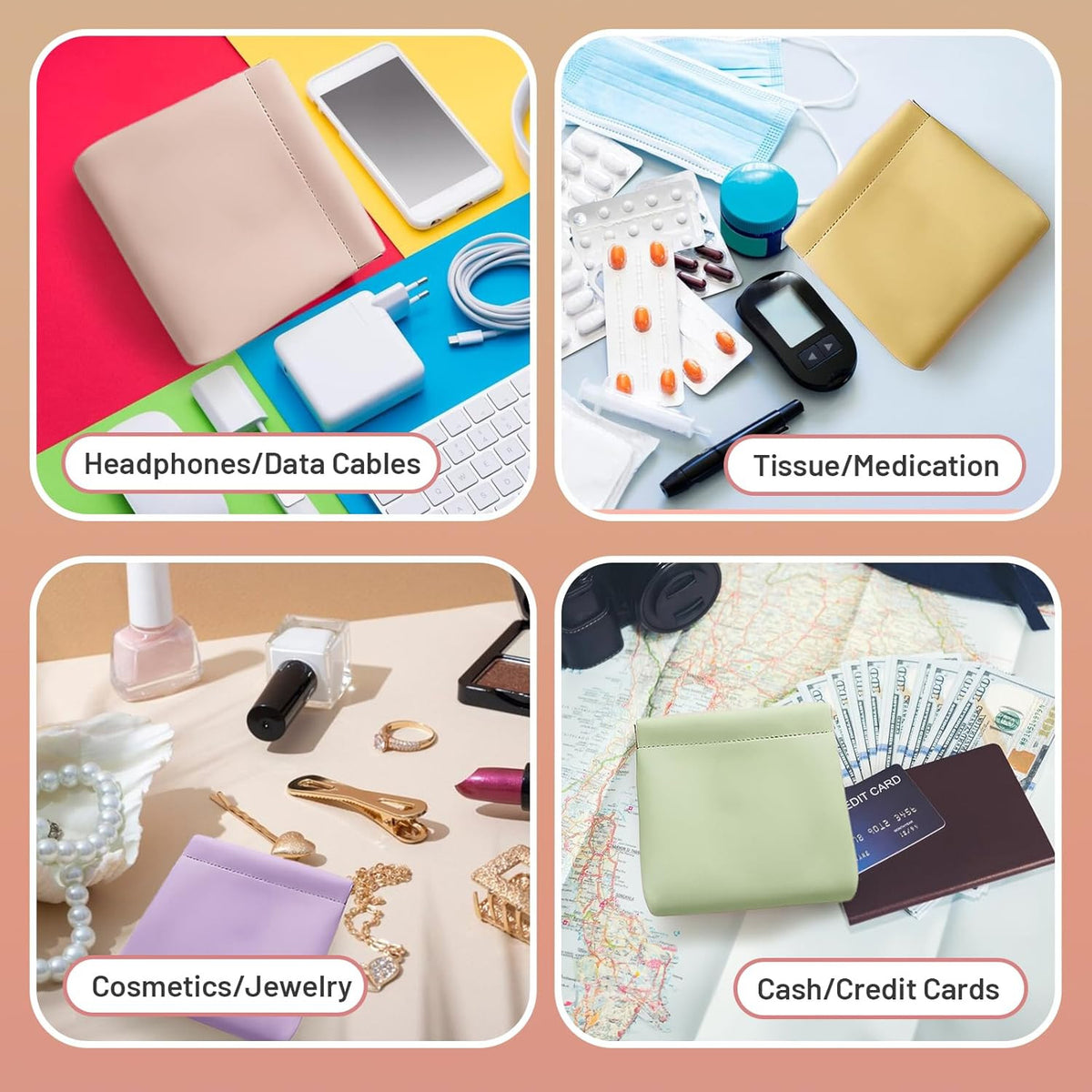 Small PU Leather Pouch Organizer Set - 4 Pack, Snap Closure, Compact Purse Storage