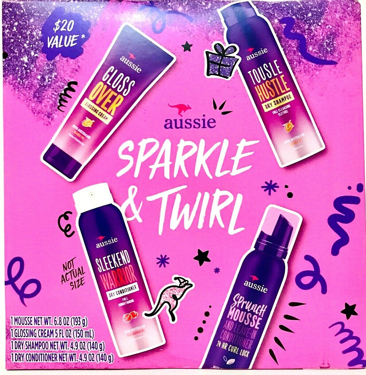 Aussie Sparkle & Twirl 4 Piece Hair Styling Set Shampoo Conditioner
