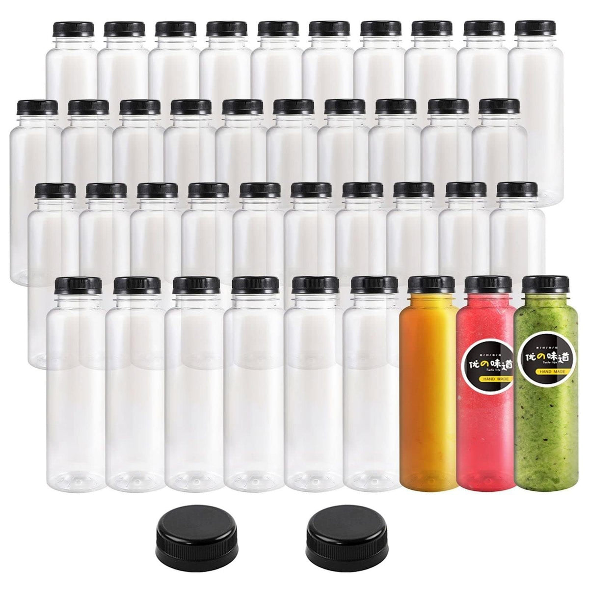 48 Pack 8oz Plastic Juice Bottles with Black Tamper-Evident Caps - Disposable PET Drink Containers