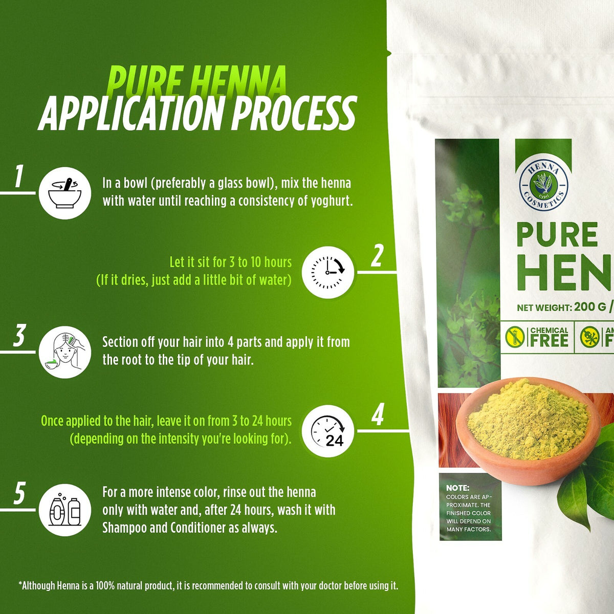 100% Pure Henna Powder - Natural Hair Dye, 100g Organic