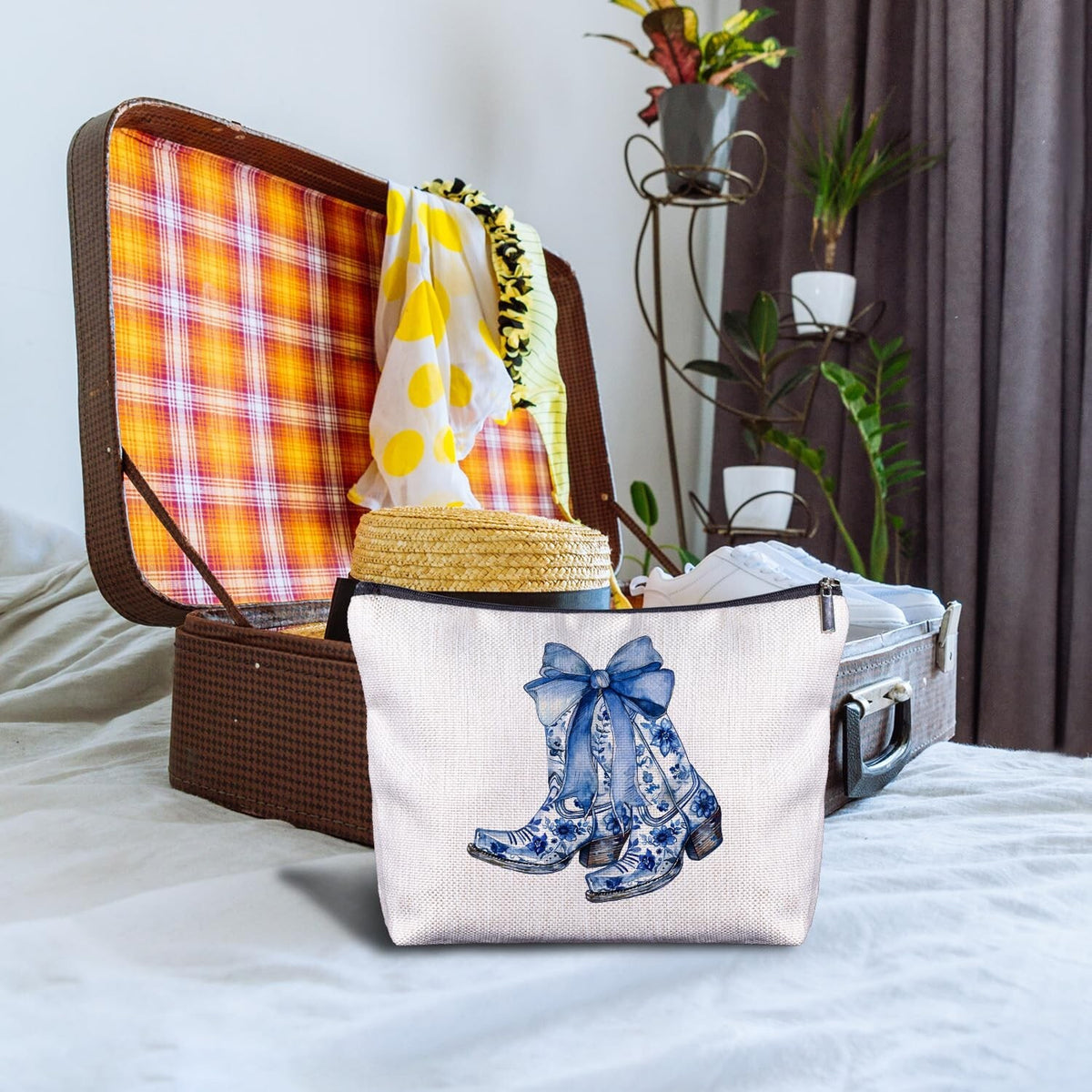 Western Cowgirl Makeup Bag with Blue Bow and Boots - Travel Cosmetic Organizer