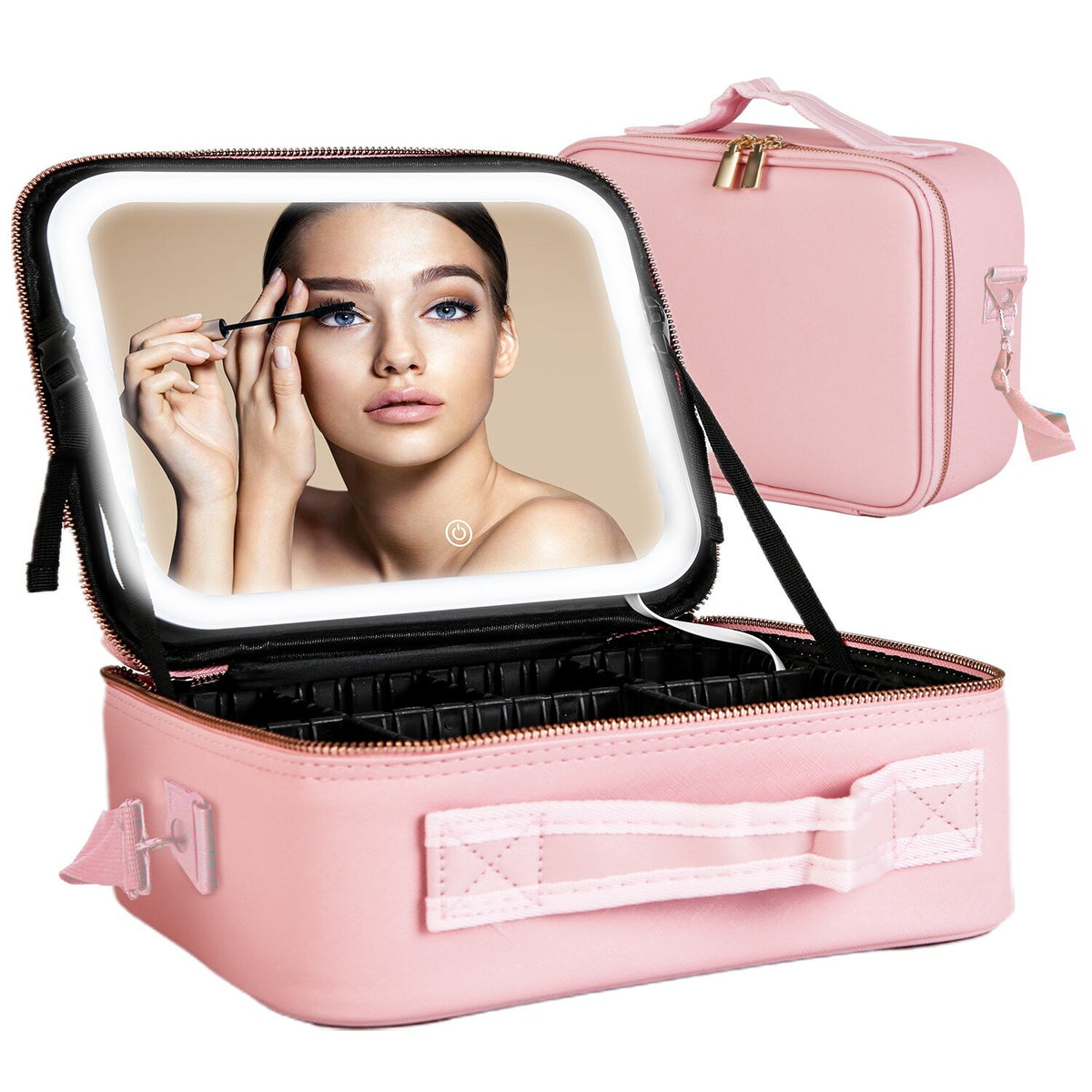 Travel Makeup Bag with LED Mirror and Adjustable Compartments Organizer