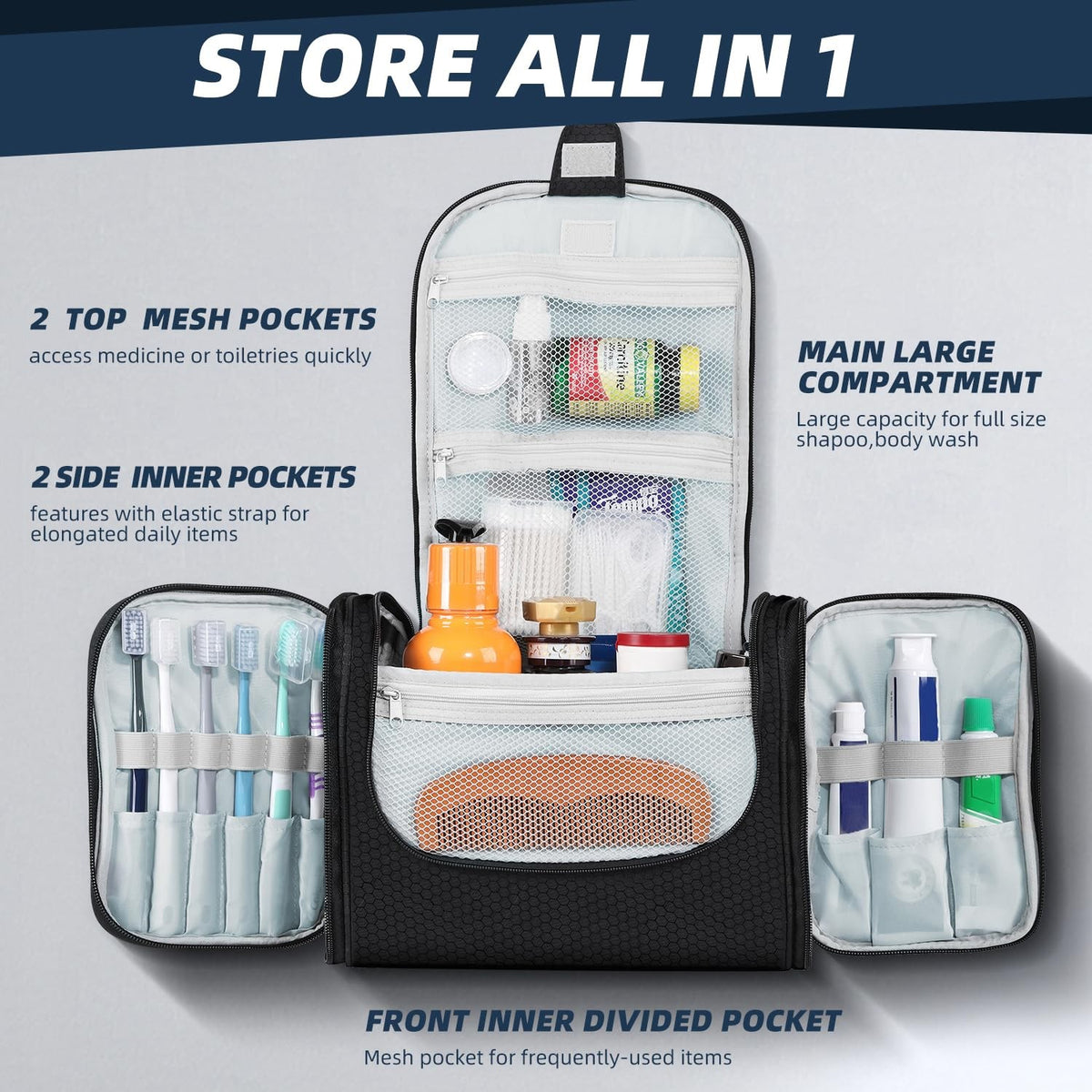 Large Capacity Water-Resistant Hanging Toiletry Bag for Travel