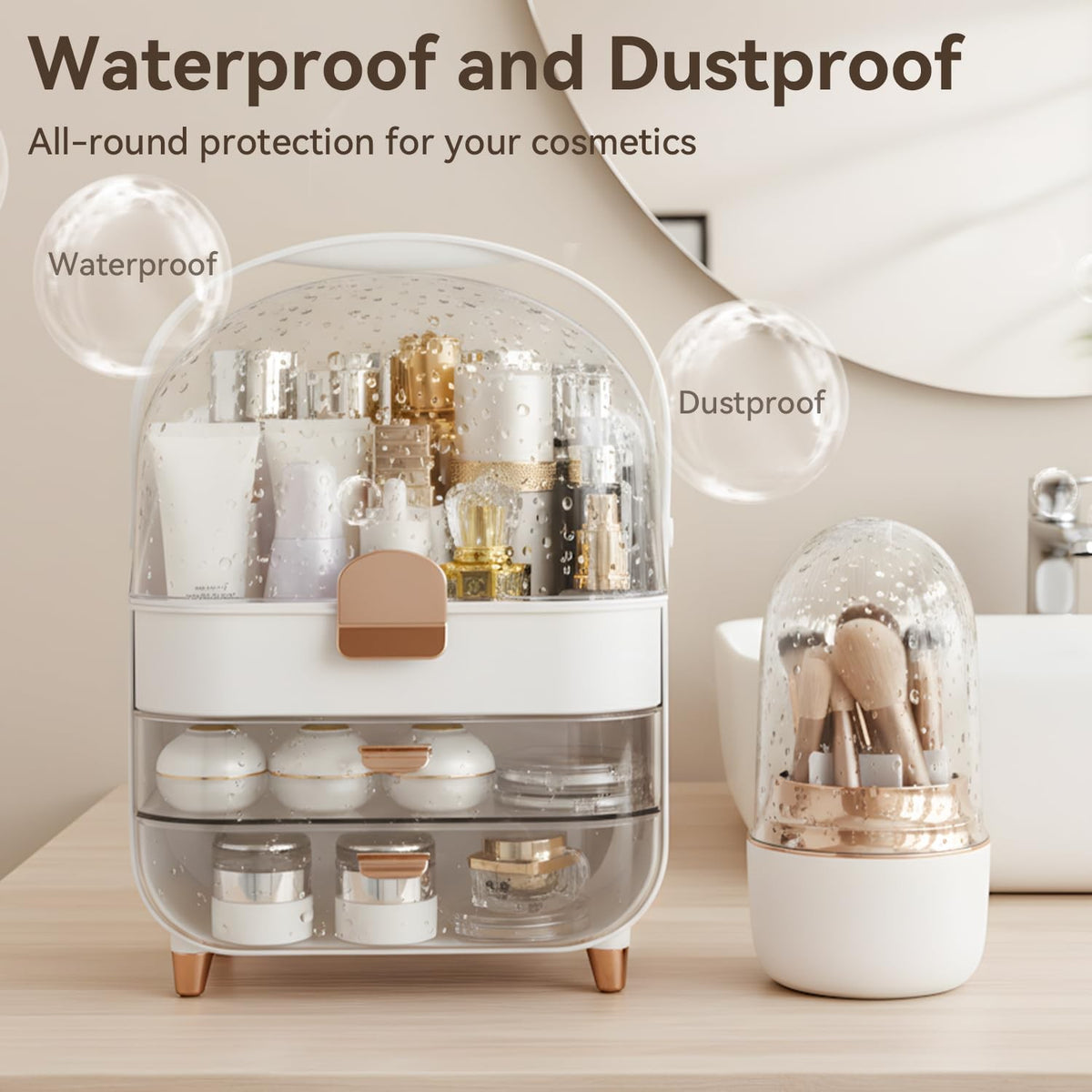 Rose Gold Makeup Organizer with Drawers & Brush Holder for Vanity