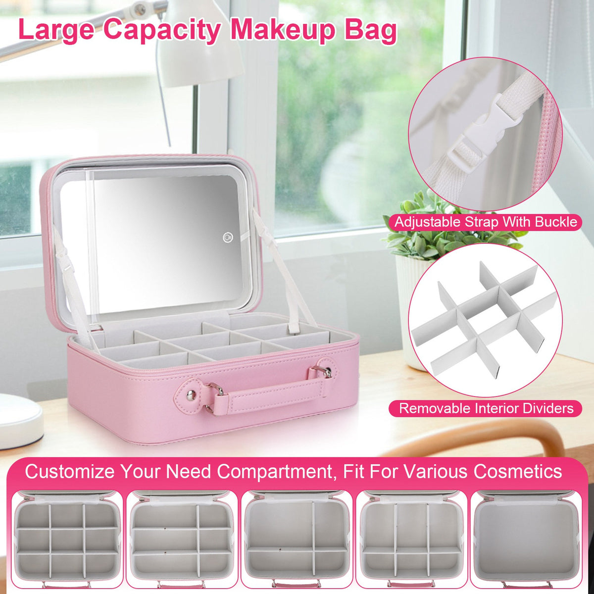 Pink Travel Makeup Bag with LED Lighted Mirror - 3 Brightness Settings
