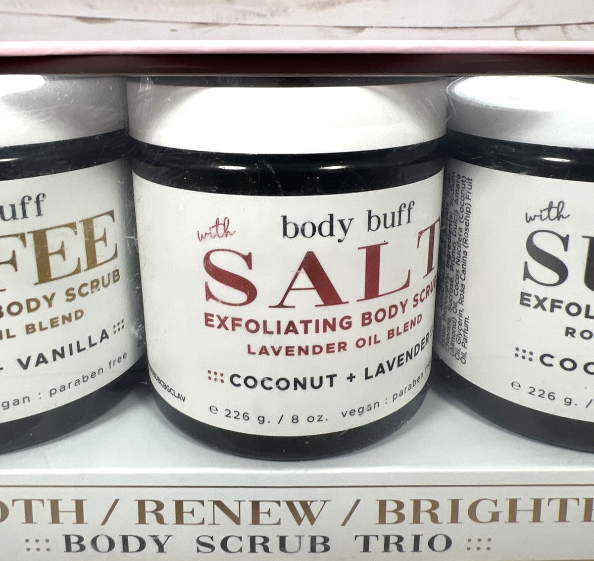 Body Buff Scrub Trio Coffee Salt Sugar Smooth Renew Brighten Coconut