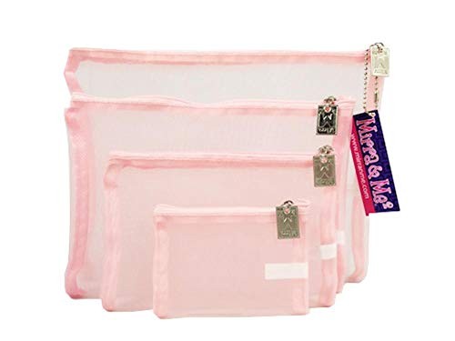 Mesh Zipper Bags Set of 4 - Light Pink Organizers for Purse, Desk, Car
