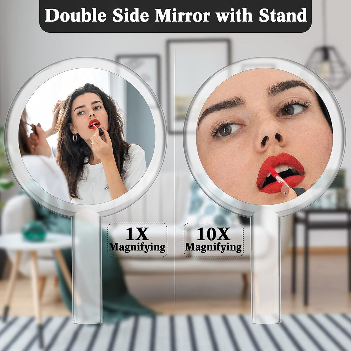 Double-Sided Hand Makeup Mirror with Stand 1x/10x Magnification Portable