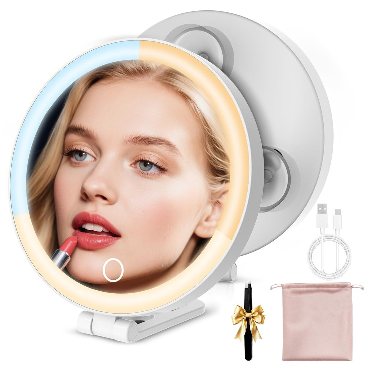 Portable 4-in-1 Lighted Makeup Mirror with 10X Magnification and 3 Color LED Lights
