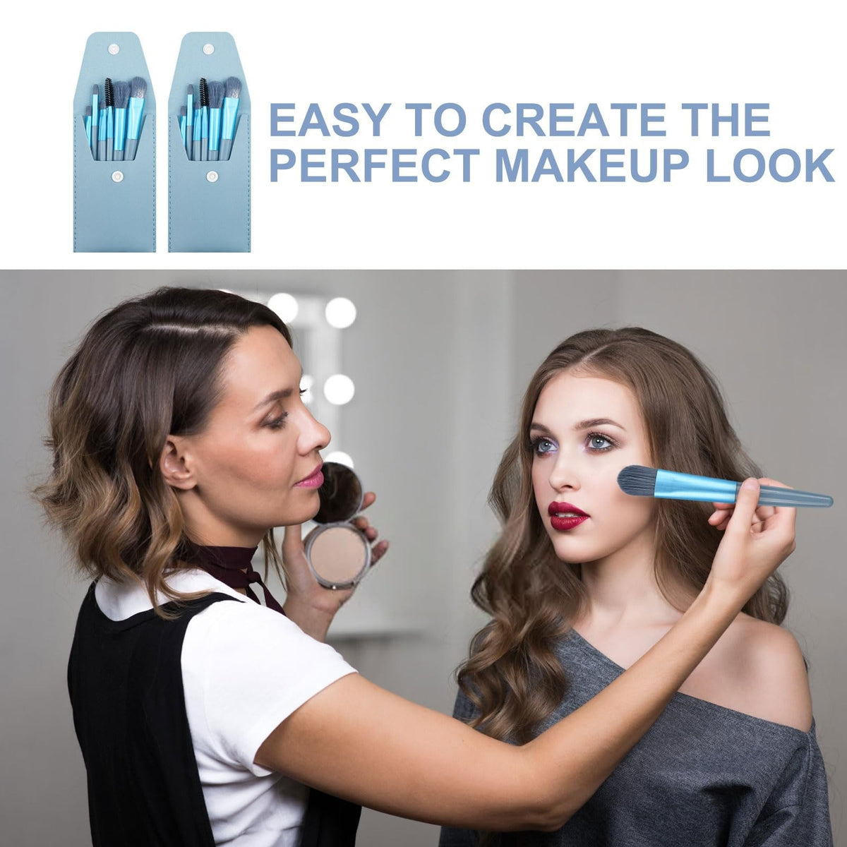 Travel Makeup Brush Set - 15 Mini Face Brushes with Bag, Light Blue