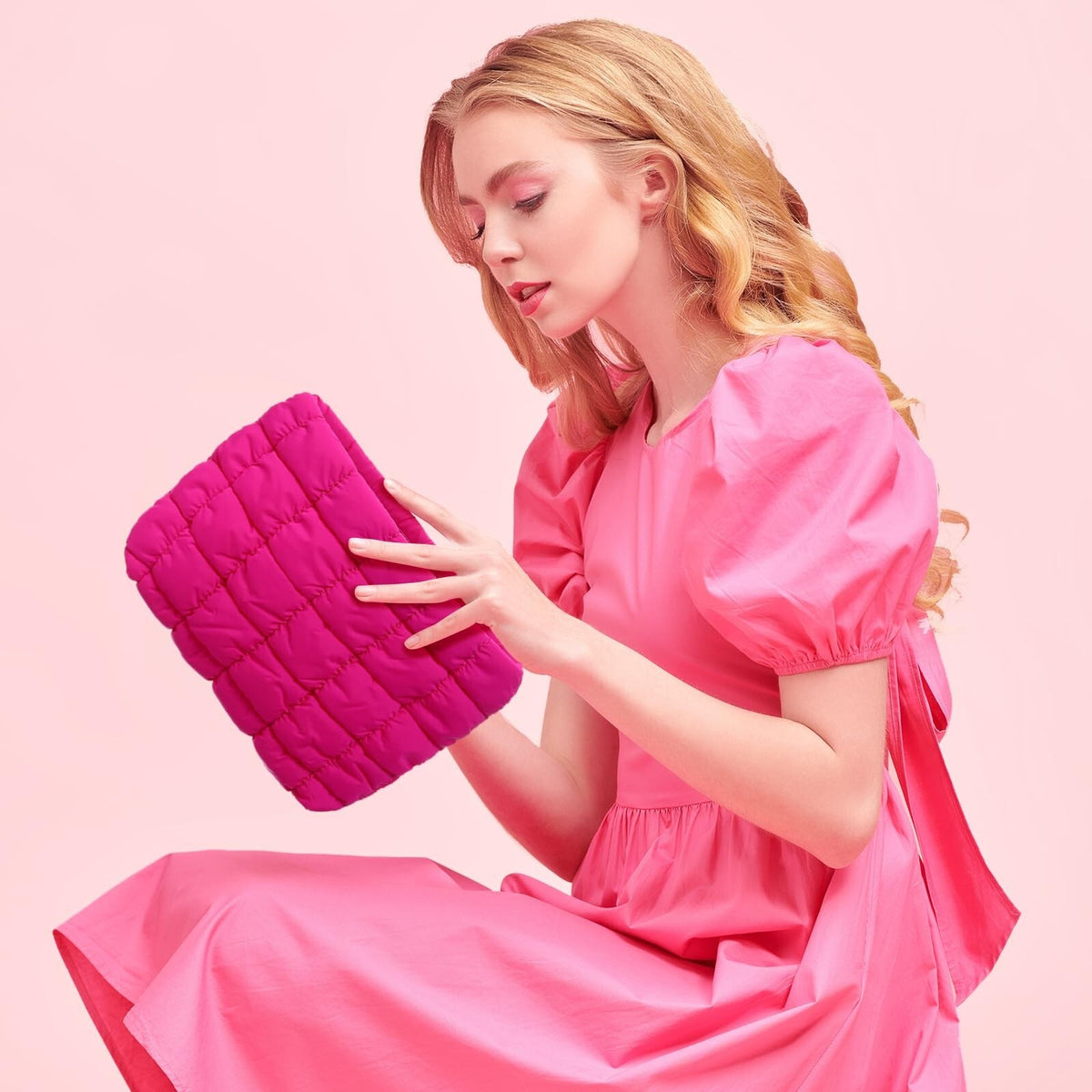 Puffy Quilted Makeup Bag with Zipper - Travel Cosmetic Organizer, Rose Red