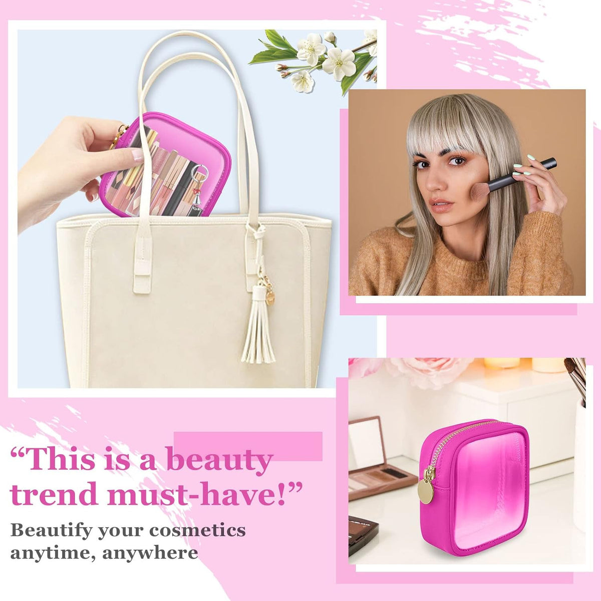 Clear Mini Travel Makeup Organizer Bag - Compact Pouch for Purse, Small Cute Preppy Cosmetic Bag