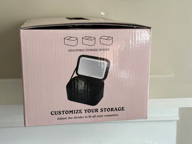Lighted Travel Train Case with LED Mirror & Adjustable Storage - Black
