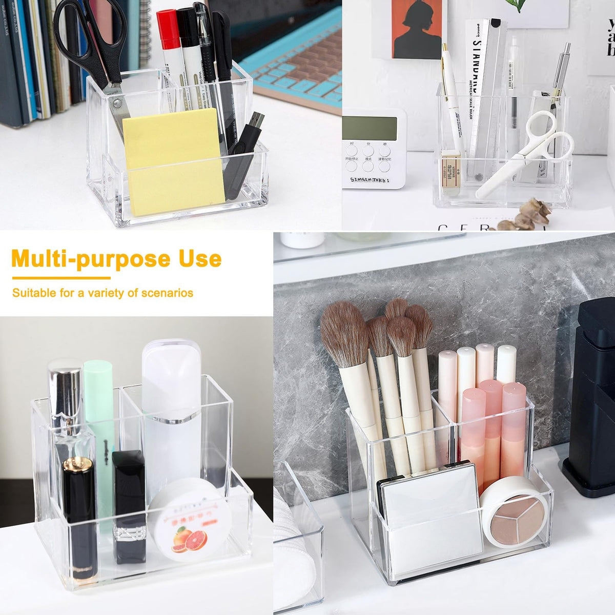 Acrylic Makeup Brush Organizer with 3 Compartments - Clear Storage for Cosmetics & Accessories