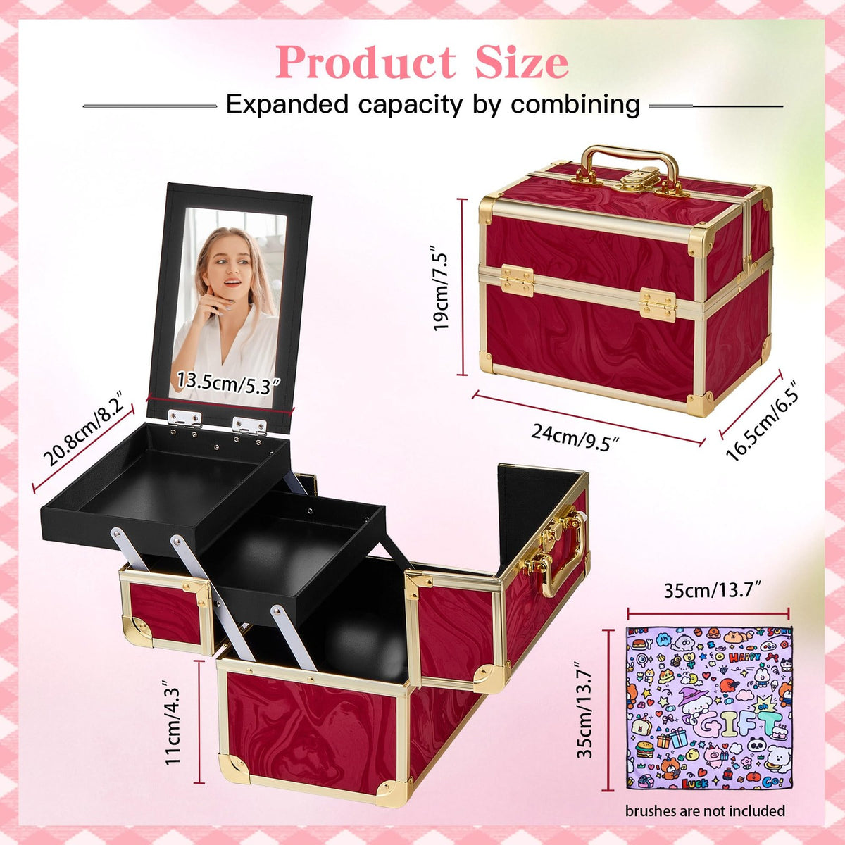 Portable Makeup Train Case with Mirror and 2 Trays - Red Travel Cosmetic Organizer