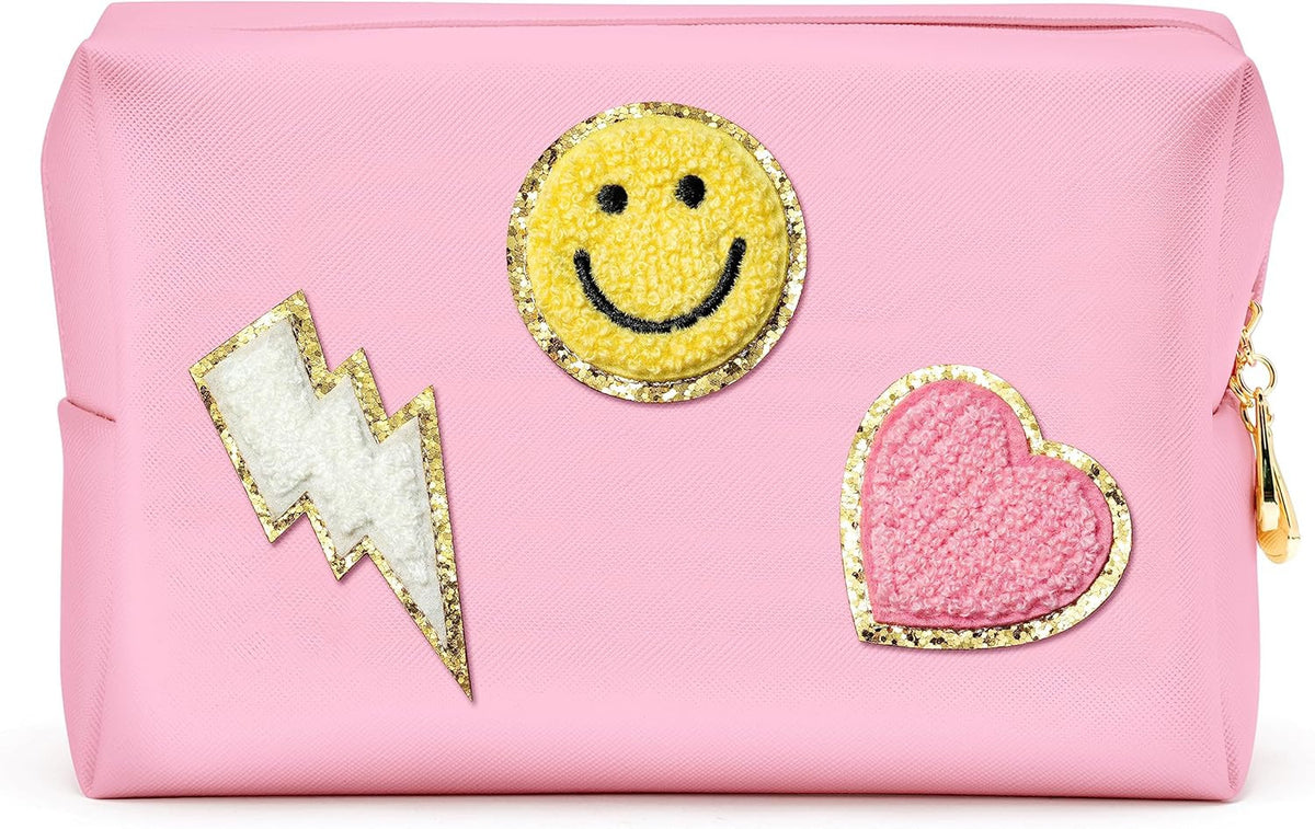 Preppy Patch Waterproof Makeup Bag - PU Leather Portable Toiletry Organizer