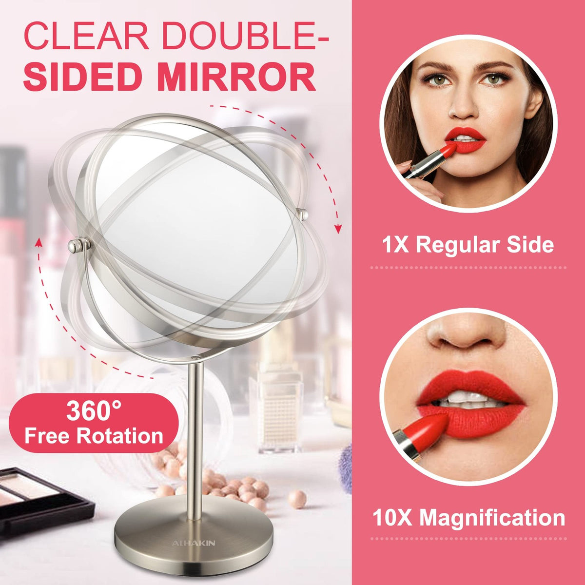 8 Inch Double-Sided Magnifying Makeup Mirror with 1X/10X Zoom, Tabletop Stand, Nickel Finish