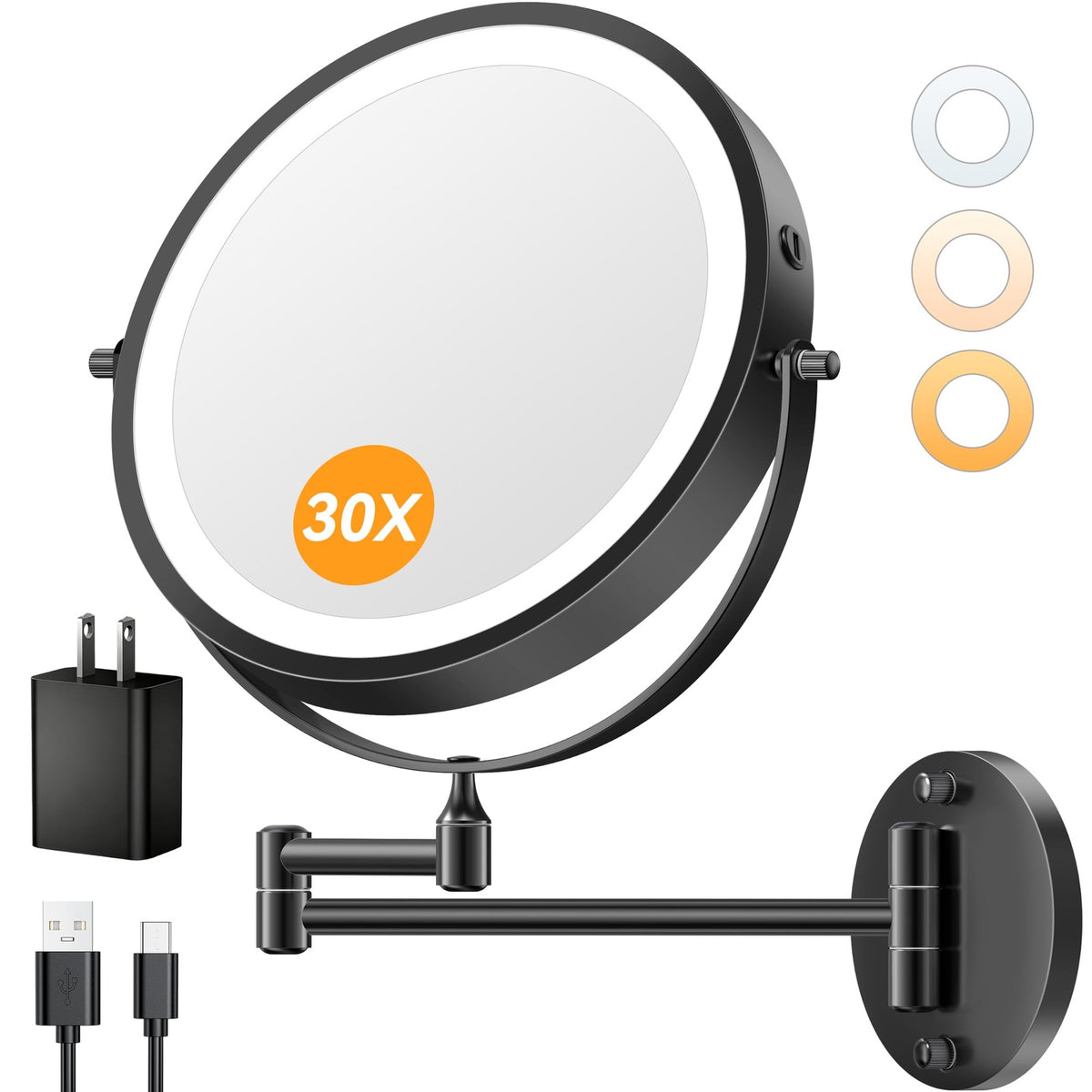 Wall Mounted Lighted Magnifying Makeup Mirror with 30X Zoom, 9 Inch, 360° Rotatable with Bright LED Lighting