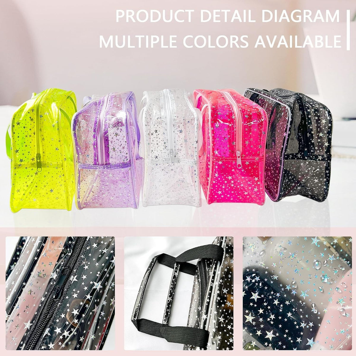 Large Pink Star Travel Cosmetic Bag with Handle, Waterproof Makeup Pouch