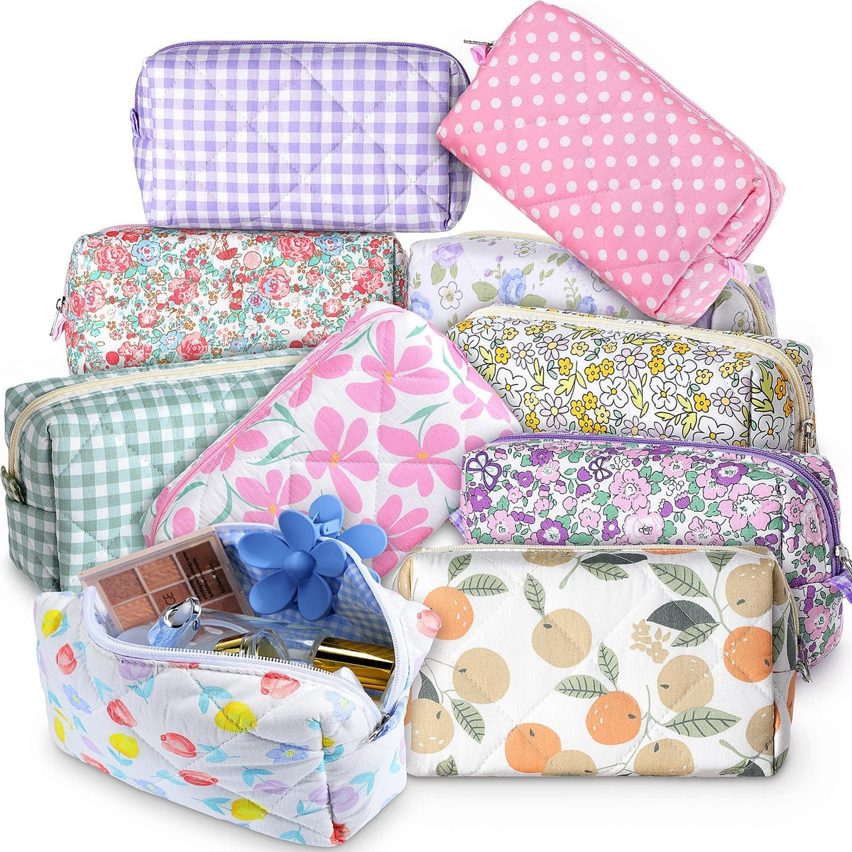 10 Pack Floral Quilted Makeup Bags Cotton Cosmetic Organizer Travel Pouch