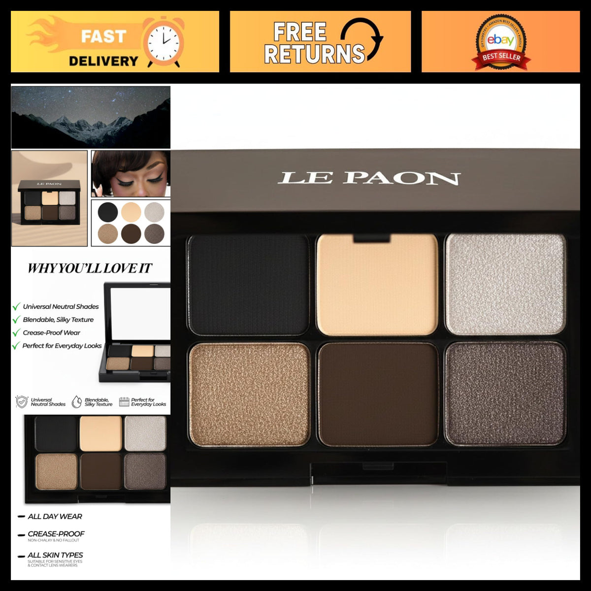 6-Color Eyeshadow Palette with Matte & Shimmer Shades - Smoky Nights