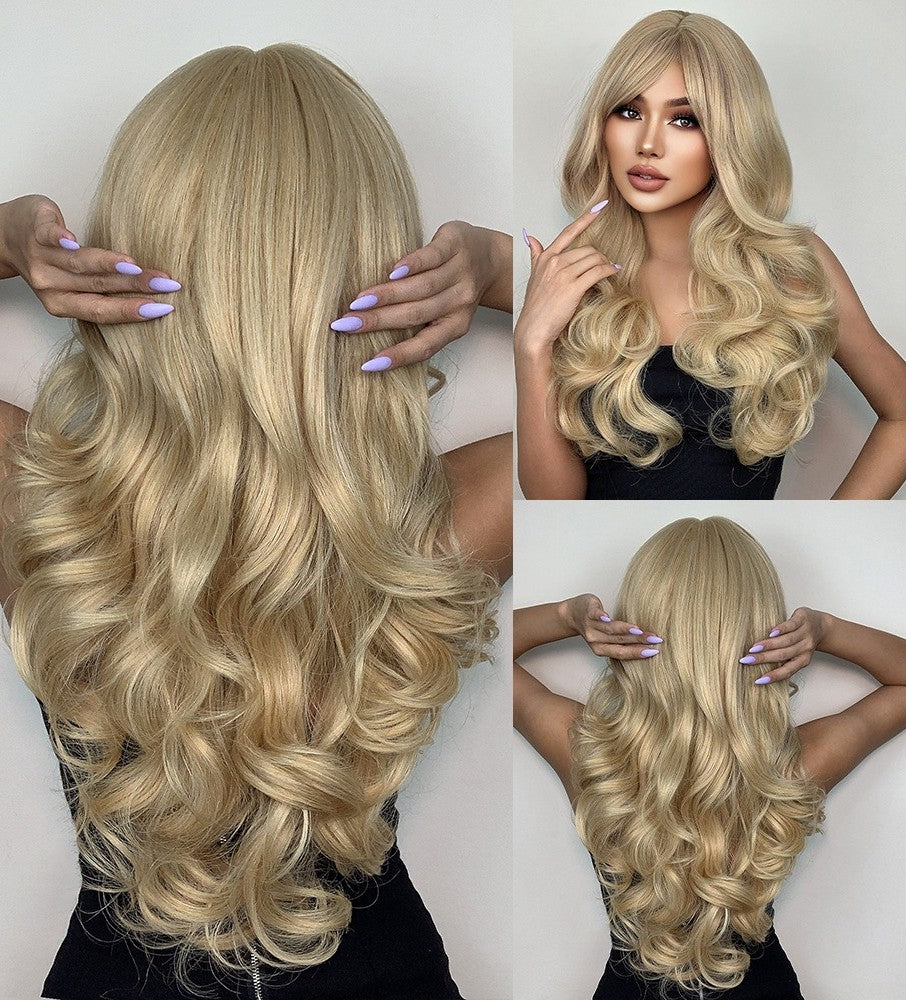 Long Wavy Synthetic Wig Blonde Costume Hair with Fringe Heat Resistant