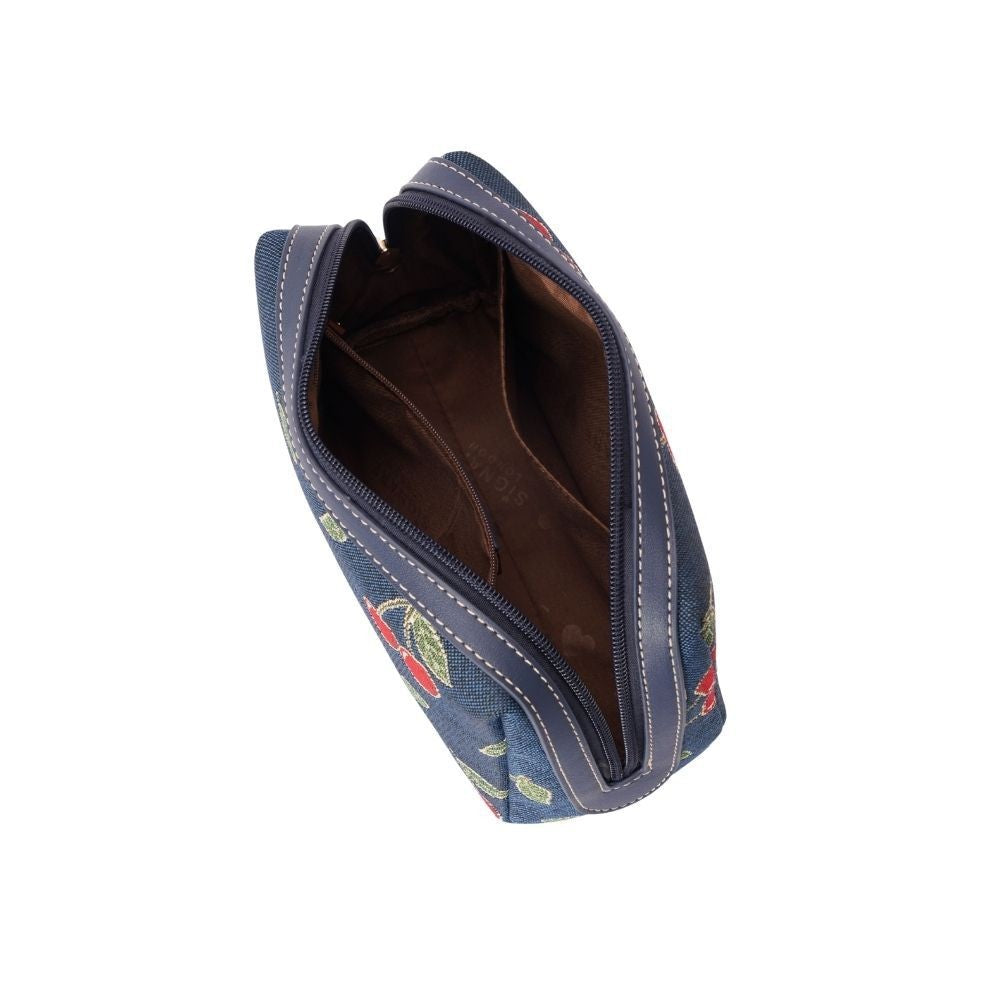 Travel Cosmetic Bag with Cherry Design - Blue Tapestry & Vegan Leather Trim