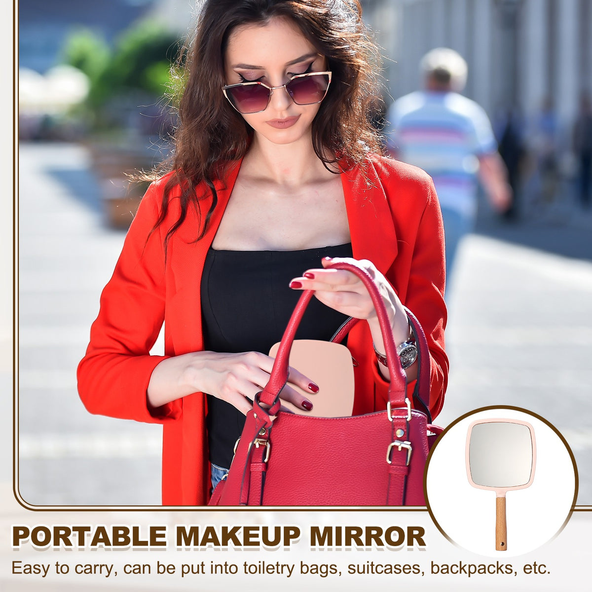 Wooden Handheld Makeup Mirror Square Portable Vanity Mirror Green