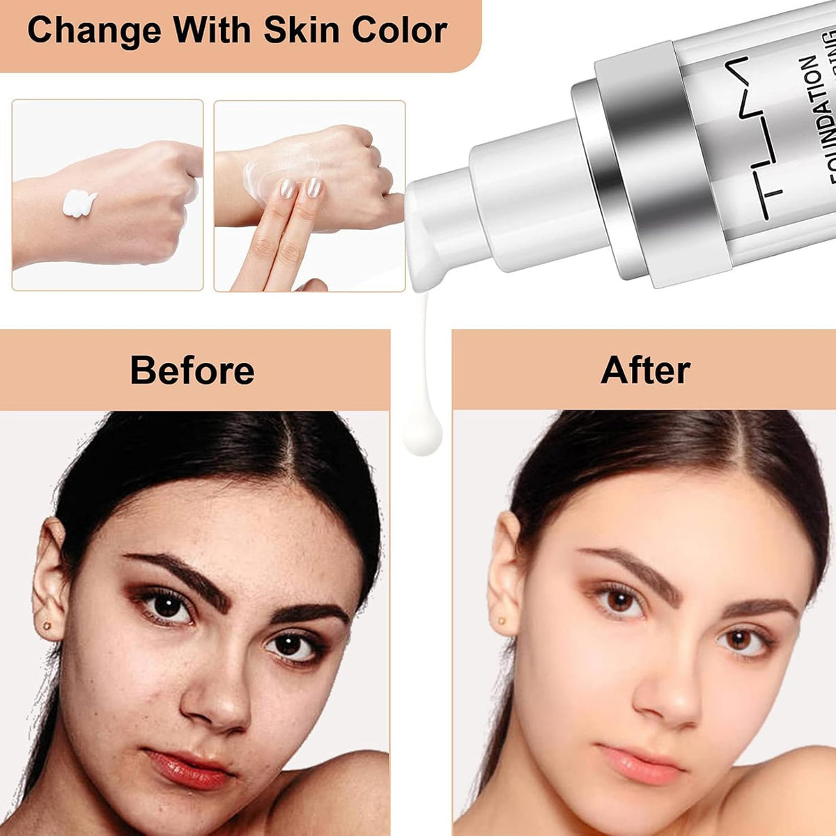 Color Changing Liquid Foundation with SPF 15 - All Day Flawless Coverage, Concealer & Skin Tone Self-Adjusting Base