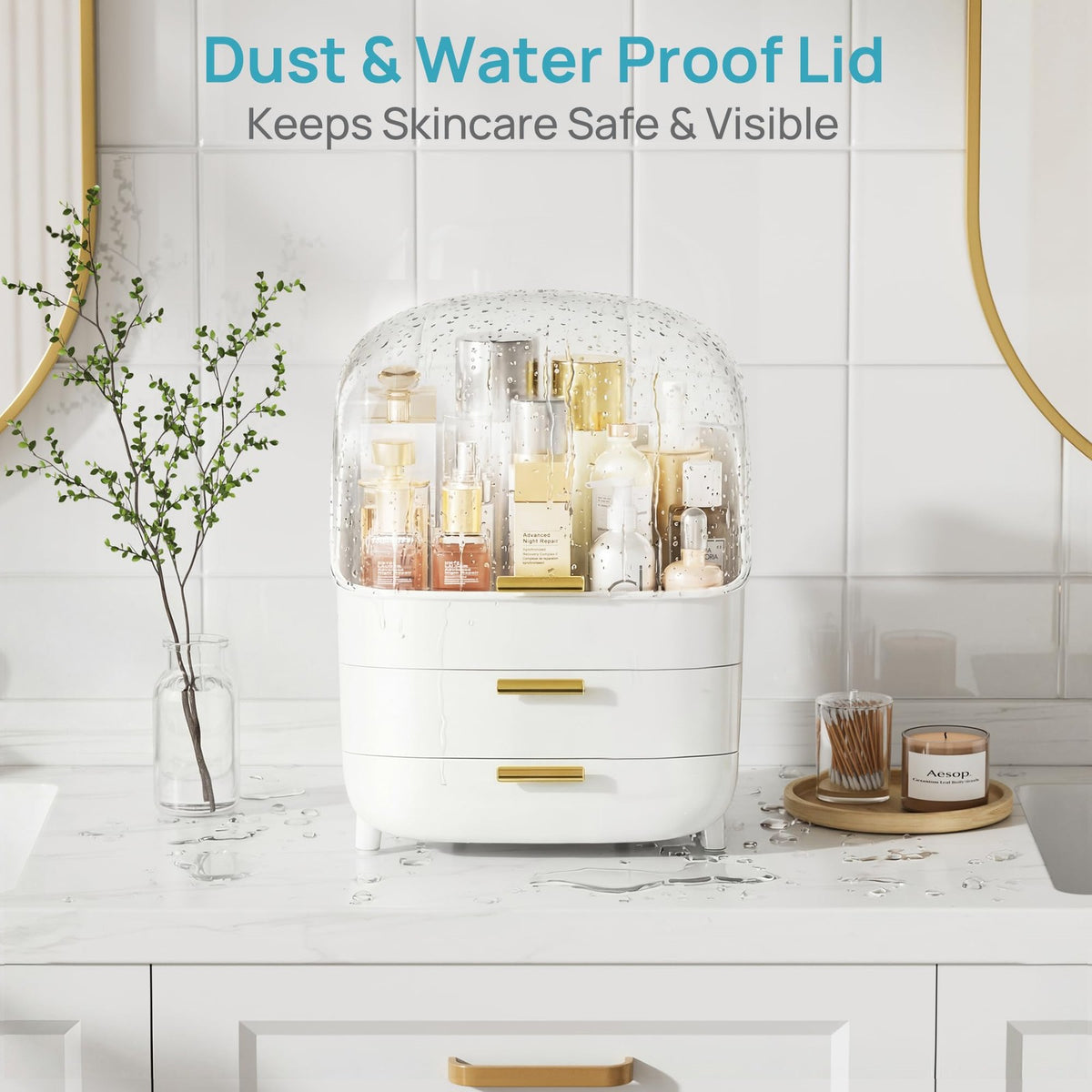 3-Tier Skincare Makeup Organizer with Drawers and Dustproof Lid - White