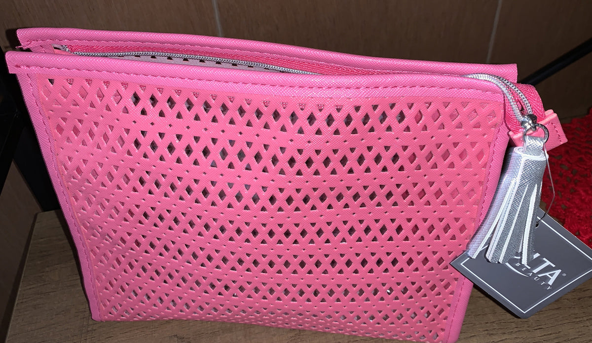 Makeup Cosmetic Bag with Coral Pink Diamond Cutout and Silver Zipper Tassel