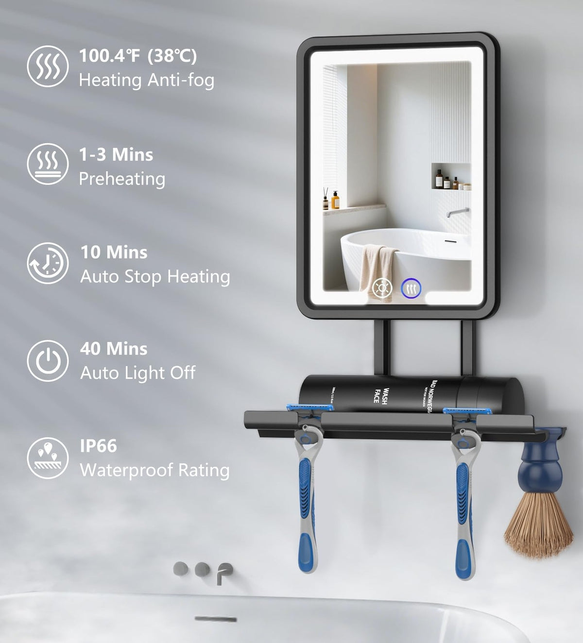 Shinowa Heated Fogless Shower Mirror with 360° Lighted LED, 100.4F Quick-Heat, Razor Tray