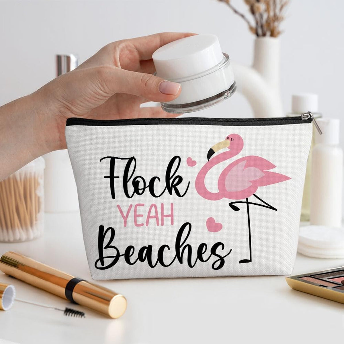 Pink Flamingo Makeup Bag Waterproof Travel Toiletry Bag for Women