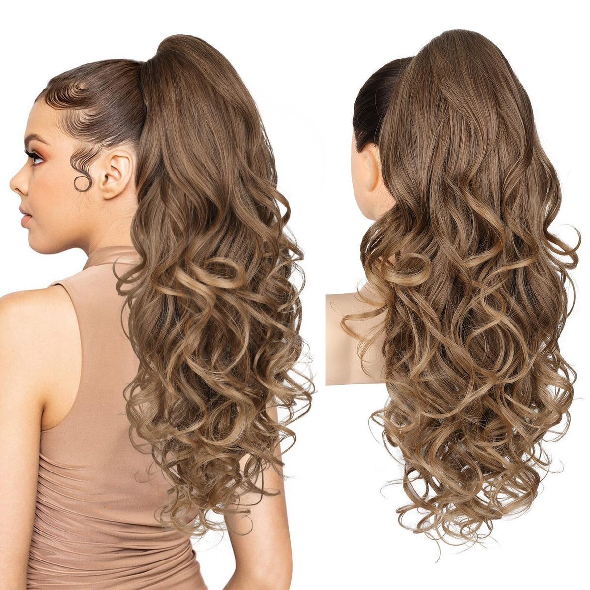 Claw Clip Ponytail Extension 24 Inch Dark Ash Blonde with Golden Ends
