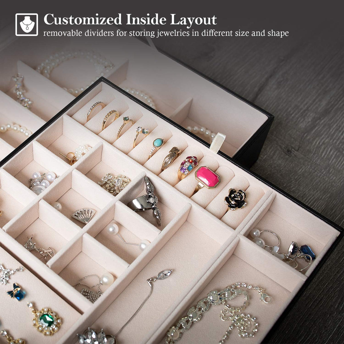 Large 2-Layer Jewelry Box Organizer for Women, 10.43 x 3.54 Inches, Black