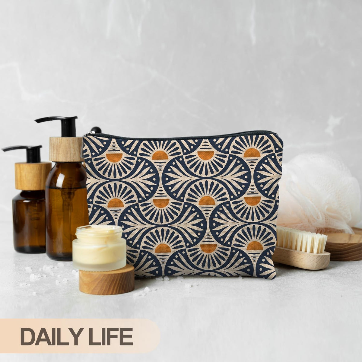 Boho Makeup Bag - 10x7.5 Inches, Orange Sun Leaf Canvas Cosmetic Pouch