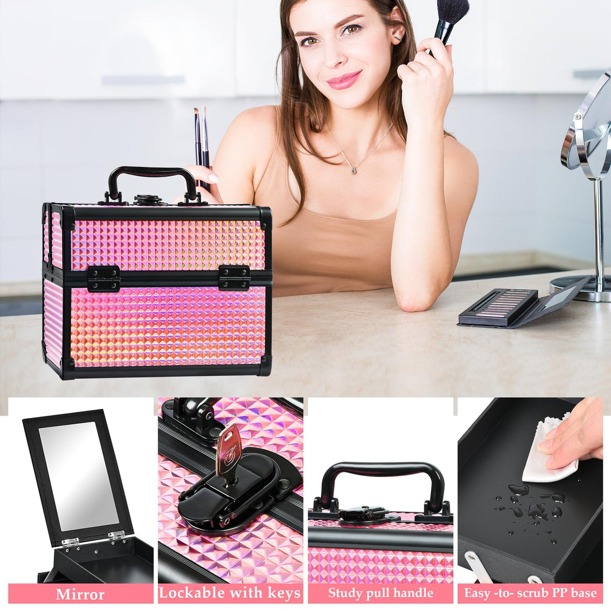 Portable Makeup Train Case with Mirror and Storage Compartments - Black Bright Pink