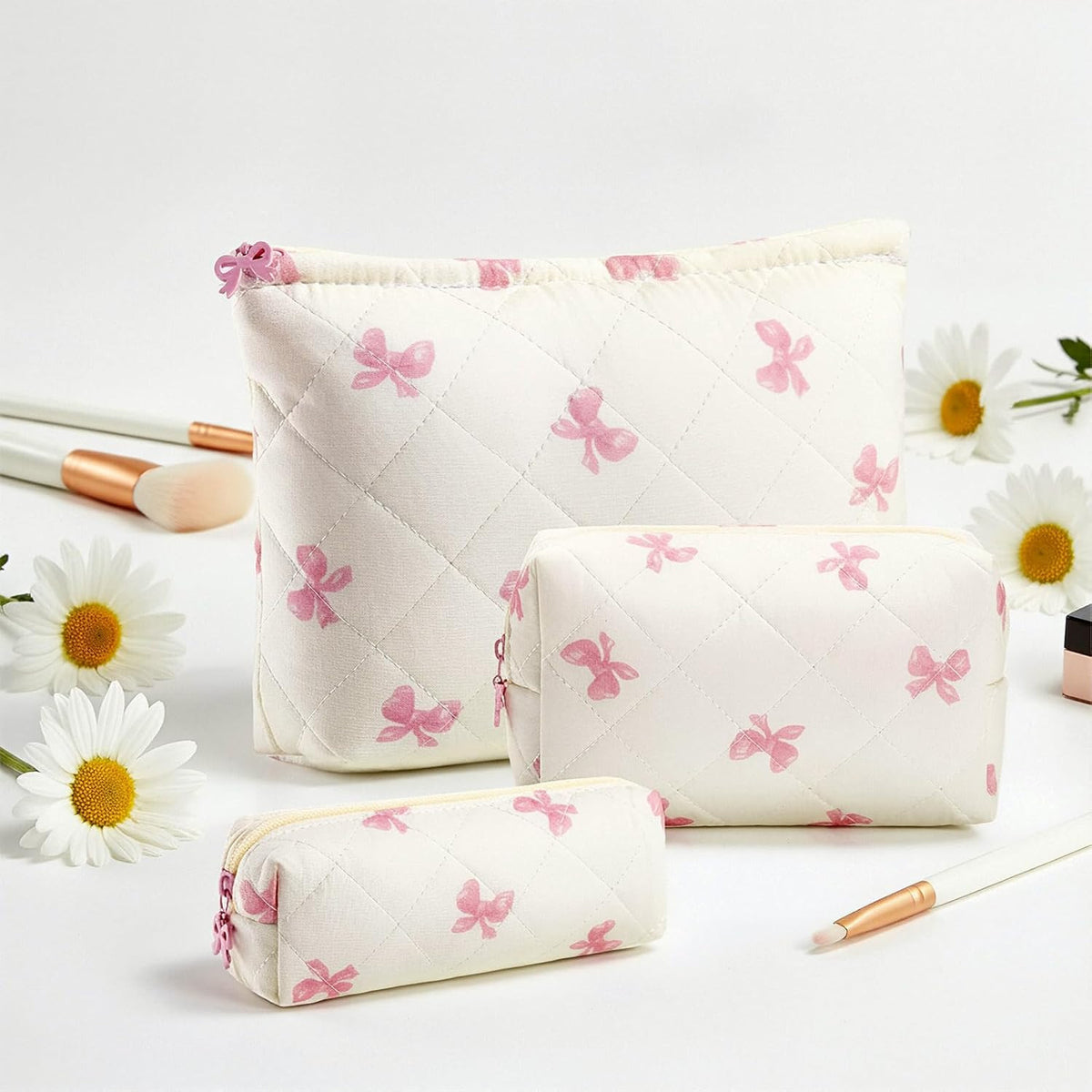 3-Piece Quilted Cotton Makeup Bag Set with Floral & Bow Design, Travel Cosmetic Organizer