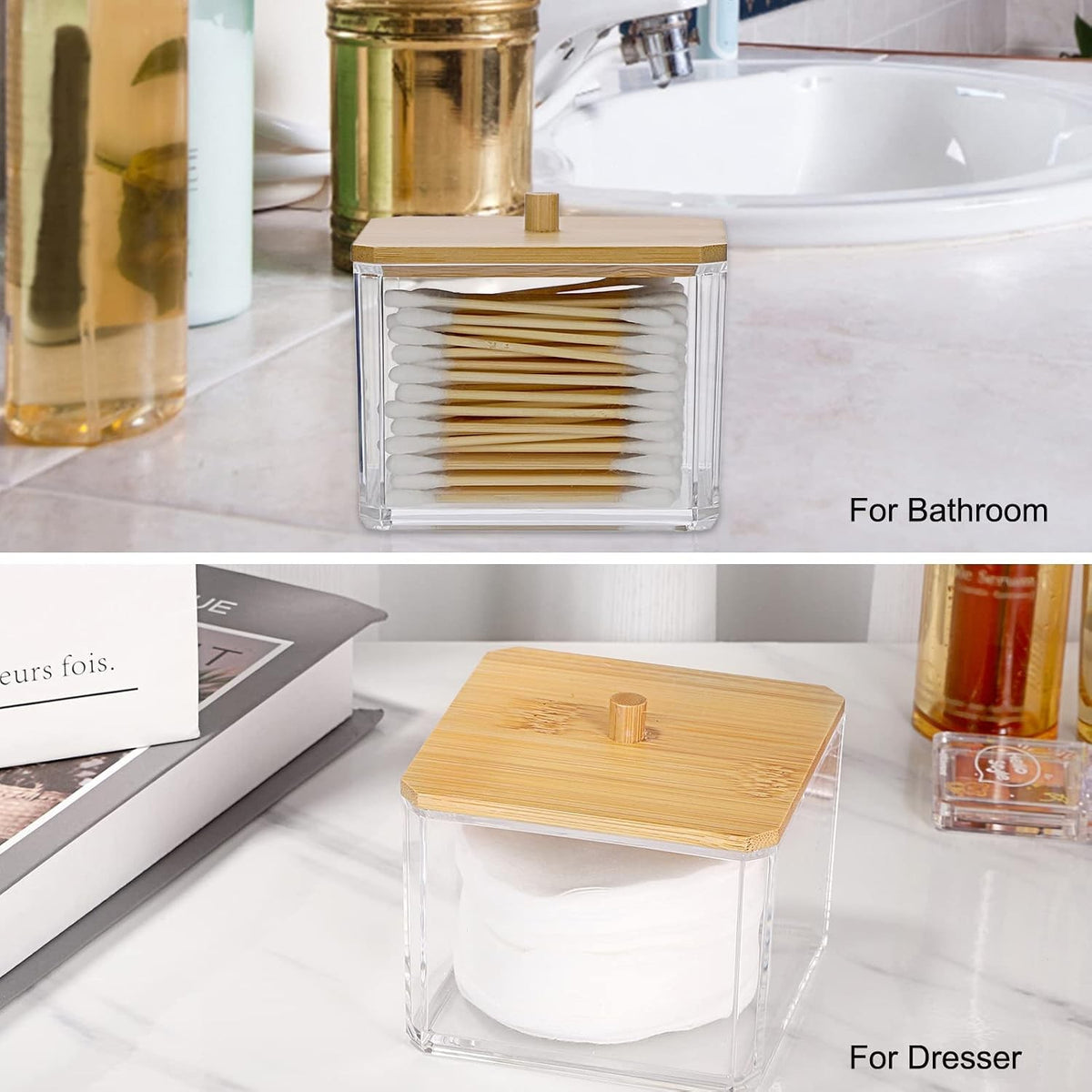 Acrylic Q-Tip Holder Dispenser with Lid - Clear Bathroom Organizer