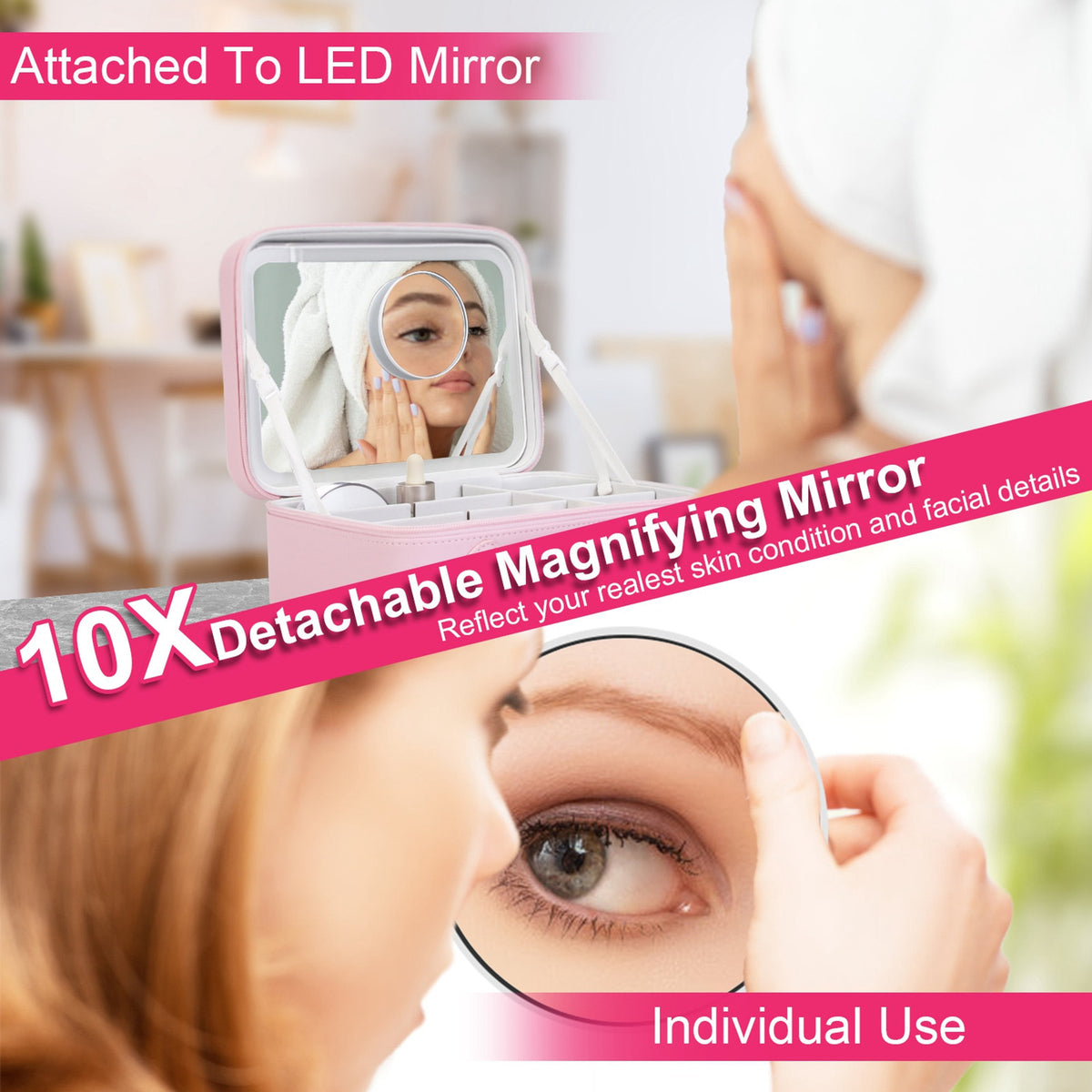 Pink Travel Makeup Bag with LED Lighted Mirror - 3 Brightness Settings