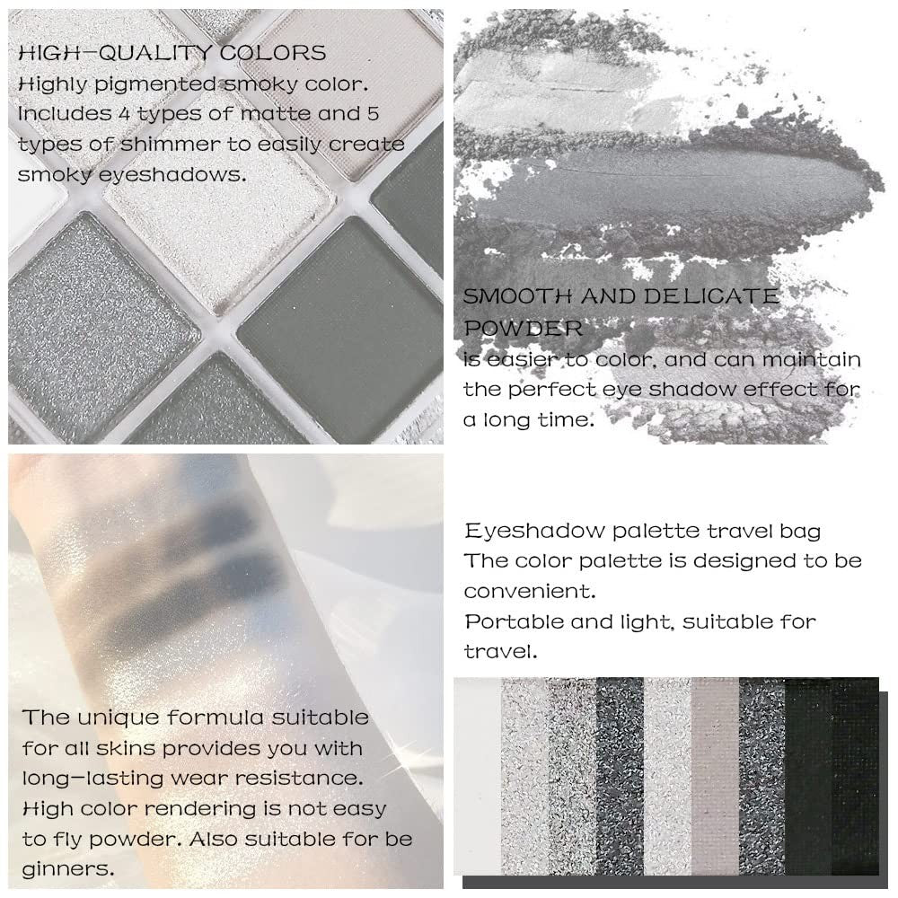 Black Smokey Silver Glitter Eyeshadow Palette - 9 Cool Tones, Waterproof & Long-Lasting