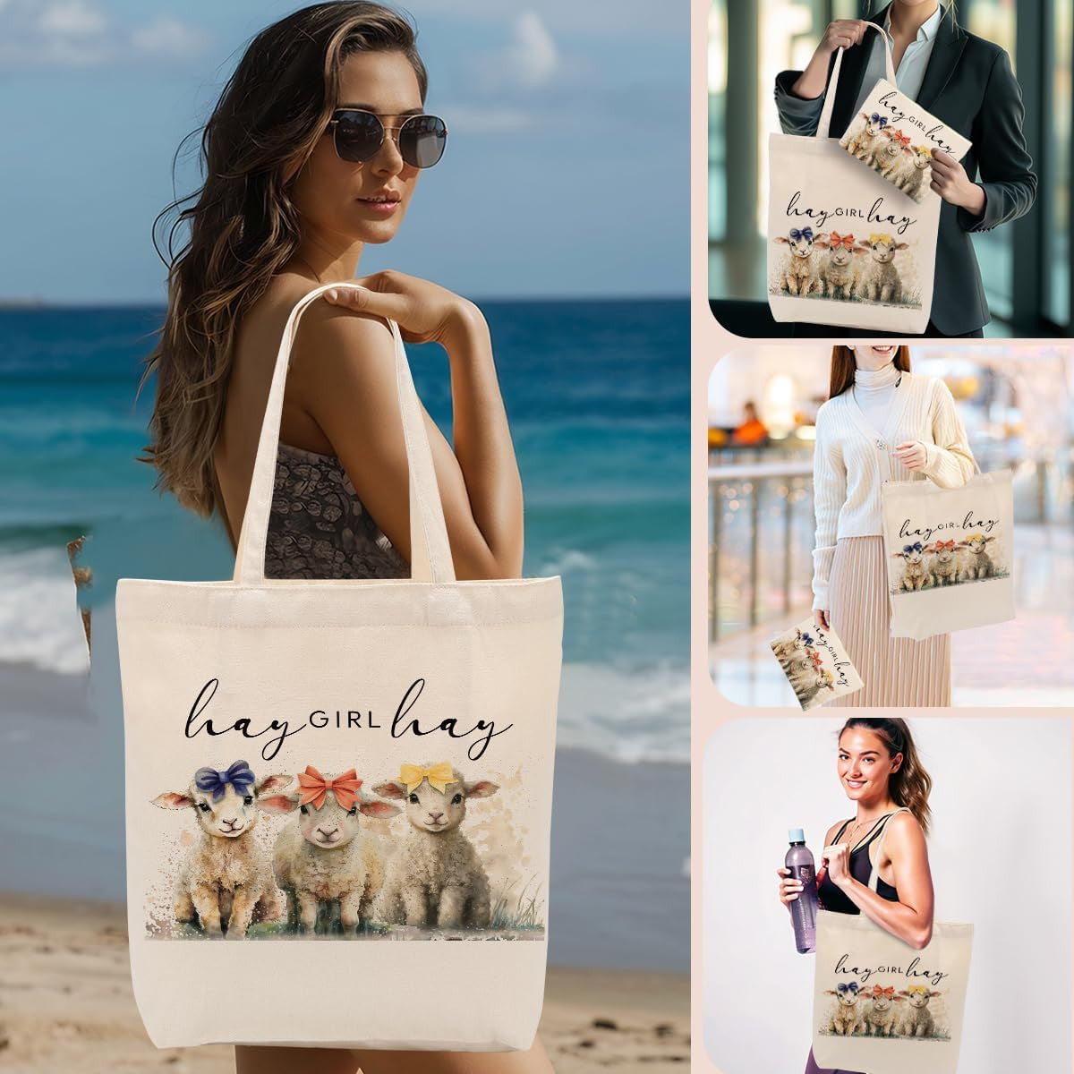 Sheep Lover Gift Set - Sheep Canvas Tote and Makeup Bag, 2 Pieces