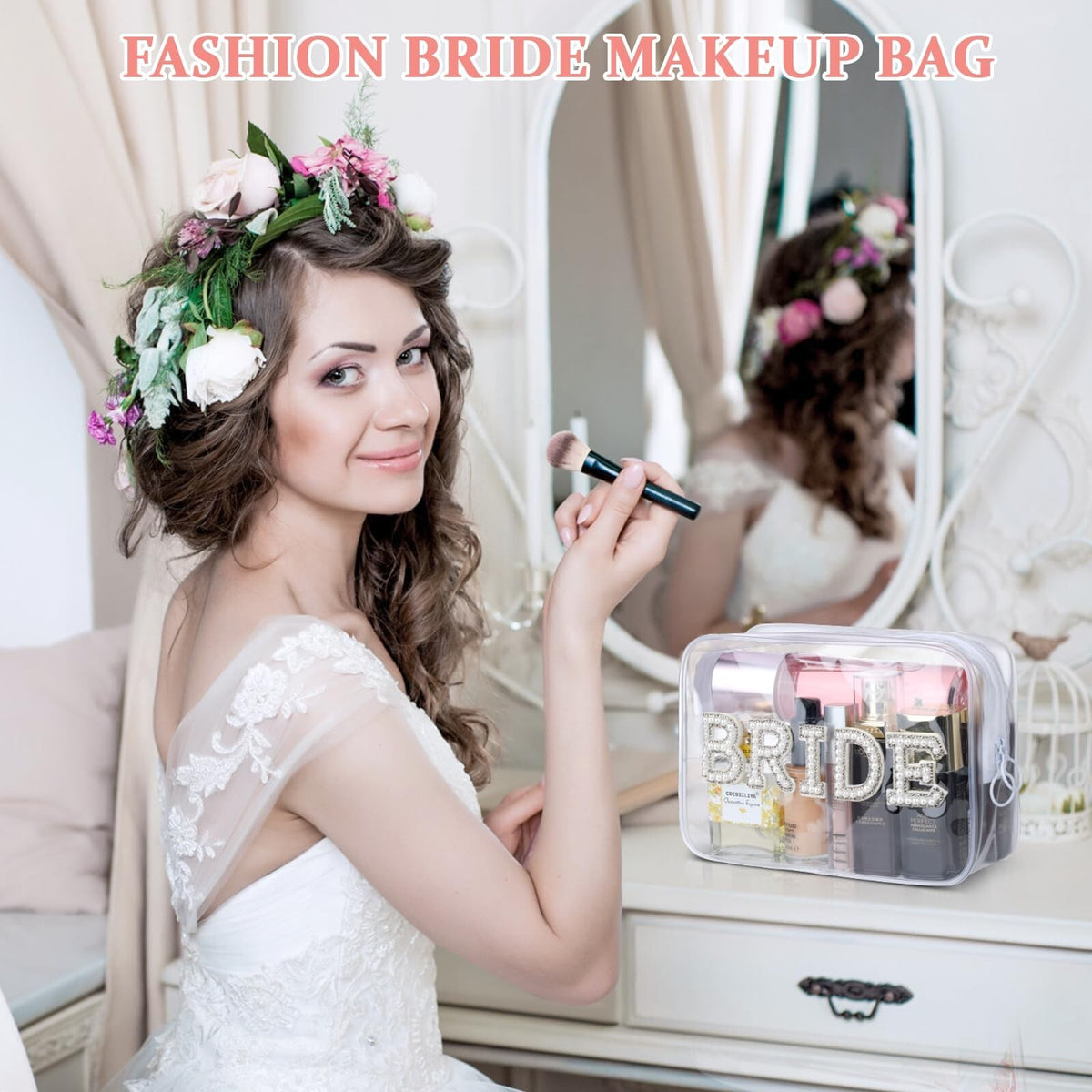 Clear Bridal Makeup Bag with Pearls and Rhinestone Patches - Wedding Travel Organizer