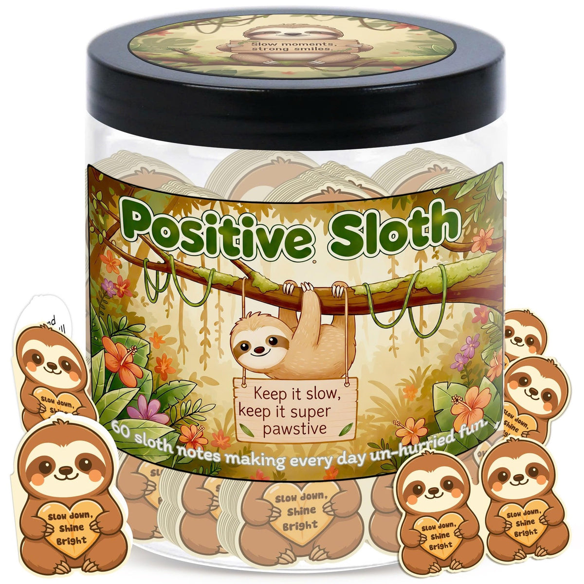 Positive Sloth Affirmation Jar with 60 Stress Relief Cards - Emotional Support Gift